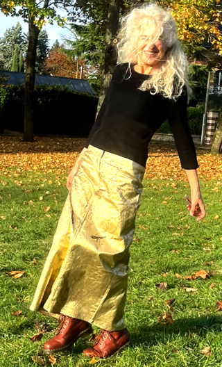  Jupe Barbara. Roadbook kaki, Longue, gabardine coton enduction or