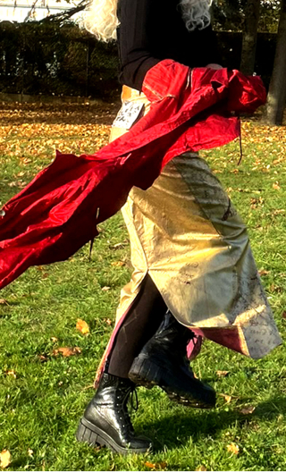  Jupe Barbara. Roadbook pourpre, Longue, gabardine coton enduction or