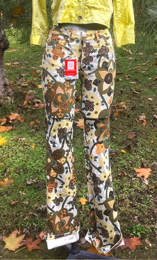 Woman trousers printed Déco Fleur kaki-grey. Size 36. Cotton stretch, flare