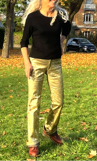 Pantalon Sting. Roadbook. Kaki. Flare, Gabardine imprimée or et vert