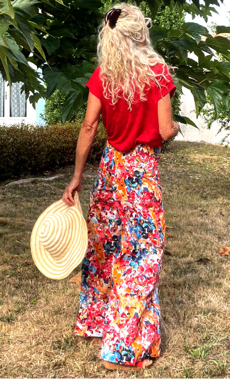 Pantalon Le Prince Consort imprimé Rosebud rouge, long large, hippy