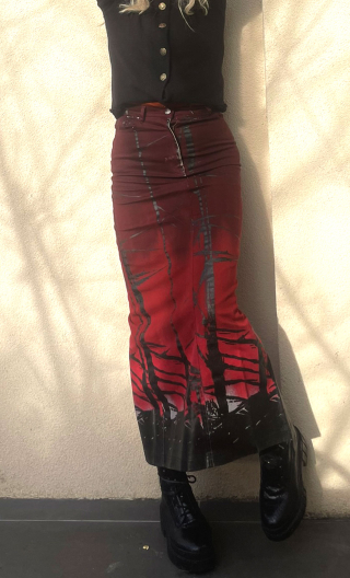 Jupe longue imprimé Goudron pourpre. Coton stretch. Taille étroite