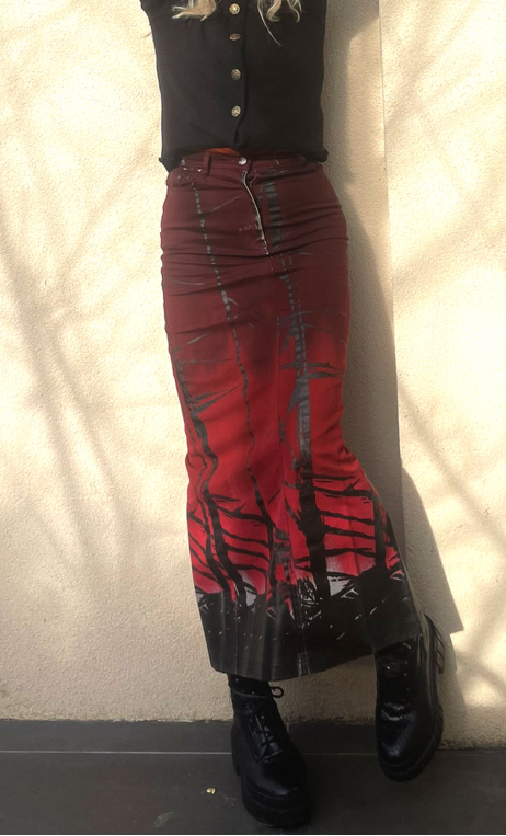 Jupe longue imprimé Goudron pourpre. Coton stretch. Taille étroite