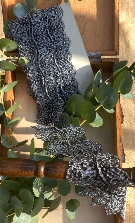 Bande dentelle argent noir, accessoires textile, vendu au mètre