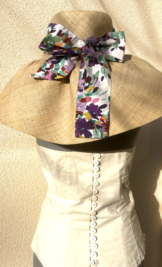 Ceinture tissu coton imprimé. Jardin d'Italie, fleurs bleu violet