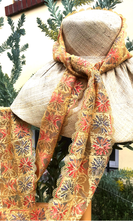  Dentelle or sur paille et mimosa, mercerie, 17 cm