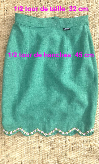 Jupe tailleur vert. Crayon festonnée, coton lin, femme menue