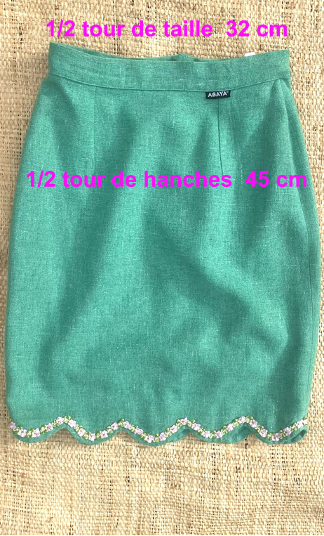 Jupe tailleur vert. Crayon festonnée, coton lin, femme menue