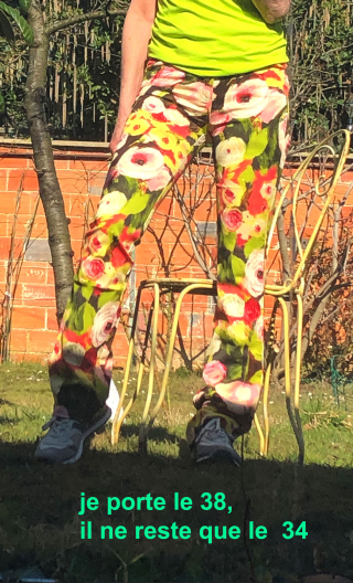 Pantalon Saxo imprimé Monet vert rouge . Taille 38, coton fleurs 