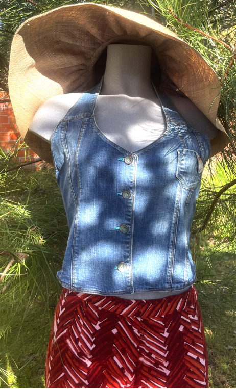 Guêpière Emma. Denim. Gilet dos nu, bretelles, original, taille unique