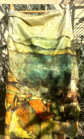 Coupon. Pissaro. Imprimé paysage. Textile, couture