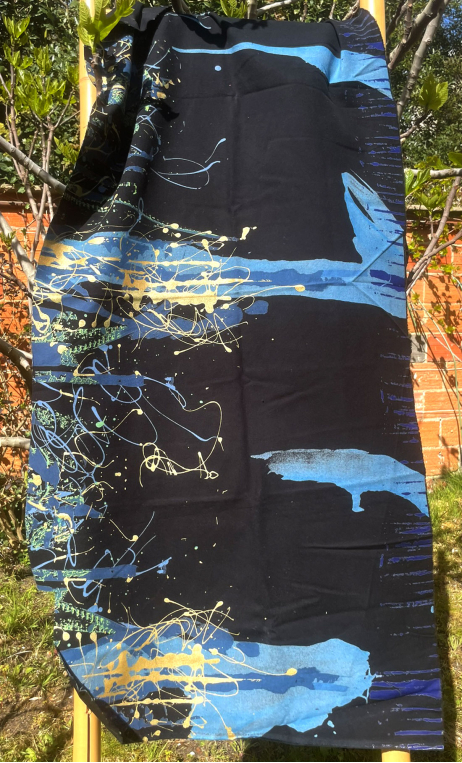 Coupon. Painting ball bleu or. Tissu velours stretch Imprimé, couture