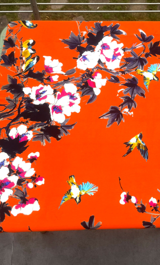 Coup de cadre. A Tire d'aile. Viscose imprimée. Textile, couture