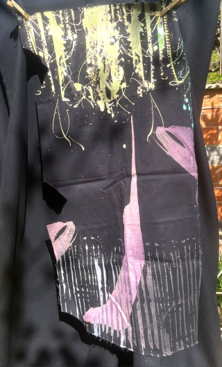 Coupon. Painting ball vert violine. Tissu stretch Imprimé, couture